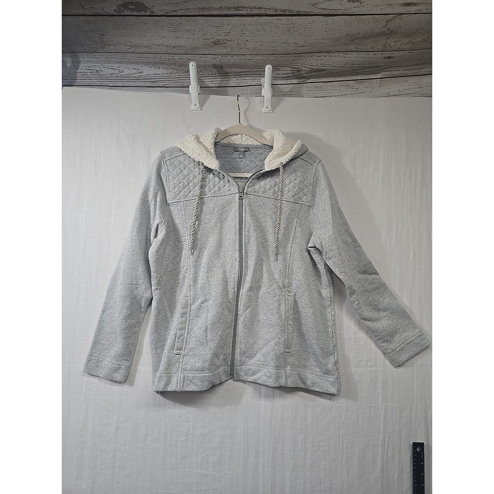 Talbots Womens Full Zip Up Sherpa Hooded Jacket Size 1X Petite Gray Metallic
